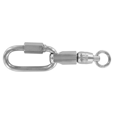 Silver-colored fishing swivel with a large oval snap connector, cylindrical rotating barrel, rounded central joint, and small circular attachment ring.