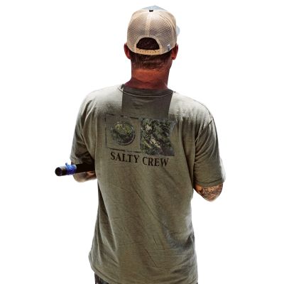 Back view of the Salty Crew Flagship Fill T-Shirt in olive green featuring large Salty Crew flag logo in dark green print with “SALTY CREW” text below.