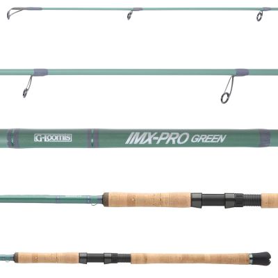 G. Loomis IMX-PRO Green 945S Spinning Rod, multi-view layout showing green rod blank with guides facing down, silver-colored guide frames, G. Loomis and IMX-PRO GREEN branding, cork handle, black reel seat, and black butt cap.