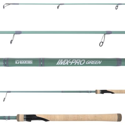 G. Loomis IMX-PRO Green 903S Spinning Rod with green blank, silver-colored guides facing down, gray wrappings, full cork grip with composite accents, black spinning reel seat, and logo text.