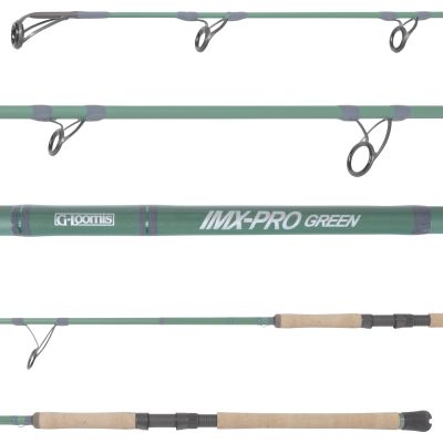G. Loomis IMX PRO Green 945S Spinning Rod shown in multiple sections, featuring a green blank with line guides, branding detail, and a cork handle with reel seat.