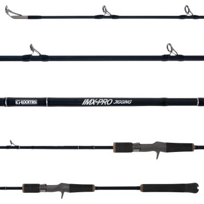 G. Loomis IMX-PRO 13126-01 Jigging Casting Rod shown in multiple close-up views highlighting the rod blank, line guides, branding, and casting handle.