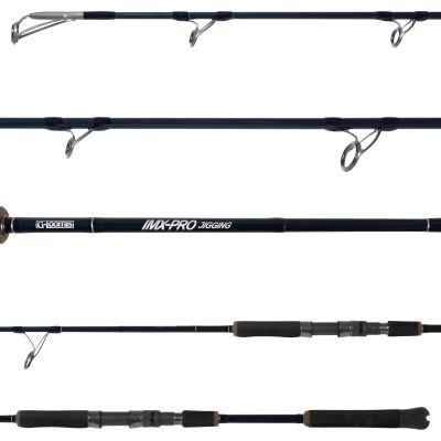 G. Loomis IMX-PRO 13131-01 Jigging Spinning Rod shown in multiple close-up views highlighting the rod blank, line guides, branding, split-grip handle, reel seat, and rubber gimbal.