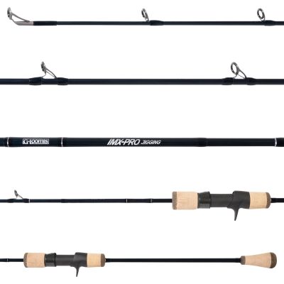 G. Loomis IMX-PRO 13134-01 Slow Jigging Casting Rod shown in multiple close-up views highlighting the rod tip, line guides, branding, and cork split grip handle.