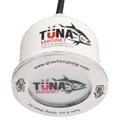 Gravity Fishing Tuna Magnet - In-Hull and Overboard features a white cylindrical device with a black cable and visible text "TUNA MAGNET" in black and red-colored text, fish logos, the slogan "Turn it on, bring them in!", and "www.gravityfishing.com" in b