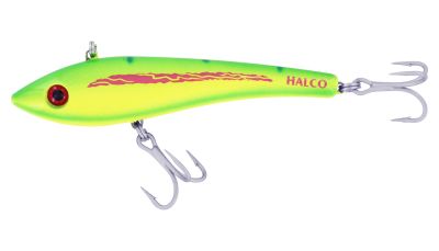 Halco Max 130 lure in Lumo with a bright yellow and green body, red lightning-like side detail, and red eye. Includes two silver-colored treble hooks and &ldquo;HALCO&rdquo; printed near the tail.