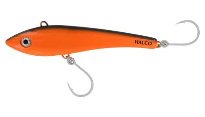 Halco Max lure in Orange/Black color with solid orange body, black top, silver-rimmed black eye, "HALCO" text near tail, and two large silver single hooks.