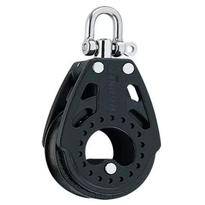 Harken 75mm Carbo Block with black housing, pulley wheel, and stainless steel shackle.