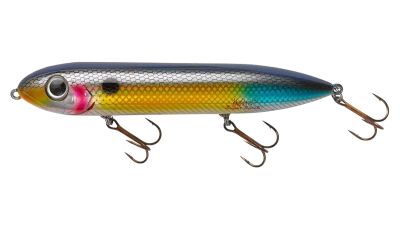 Heddon Super Spook Lure - Wounded Shad fishing lure with a silver-colored scaled body, dark blue back, yellow-gold sides, turquoise tail accent, pink gill marking, black side spot, and three bronze-colored treble hooks.