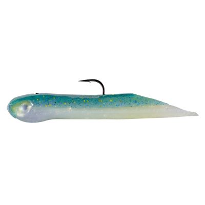 Hookup Baits jig in watermelon jack color with a green top fading into a pearlescent white belly. Body includes gold and blue glitter, molded fish head, and a single upward-facing hook.