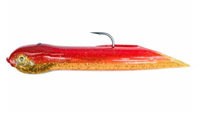 Hookup Baits Jig in Red Crab color with bright red top, gold underside with embedded glitter, soft body, fish-shaped head with lifelike eye, and single upward-facing hook.