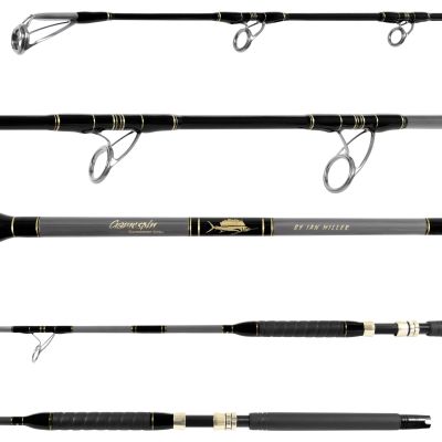 Ian Miller TGS-HVY Tournament Gamespin Rod with black and gray blank, gold accents, and silver-colored guides. Features &ldquo;Gamespin Tournament Series by Ian Miller&rdquo; logo, full black grip, and gold trim reel seat.