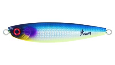 JF Jigging Tungsten Steel Jig with a gradient blue to silver and yellow body, holographic scale pattern, red 3D eye on one end, metal rings on head and tail, and “JF JIGGING” text in black near the tail.