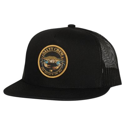 Salty Crew Jimmy Trucker Hat with black front panel, black mesh back, and flat brim. Front patch shows a crab illustration with “SALTY CREW” and “FIND REFUGE IN THE SEA” text in gold embroidery.