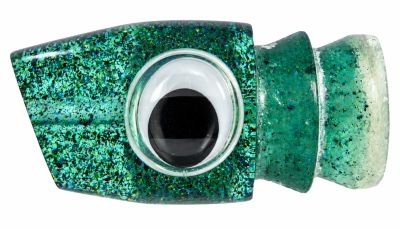Joe Yee by Kegz Apollo Lure - #2 - Green sparkle tint angle-face trolling lure with teddy bear shaky eyes.