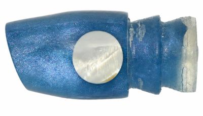 Joe Yee by Kegz Apollo Lure - #4 - Blue pearl angle-face trolling lure with white pearl shell eyes.