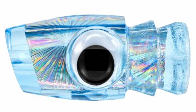 Joe Yee by Kegz Apollo Lure - #8 - Blue tint angle-face trolling lure with mirror tape insert, and shaky black eyes.