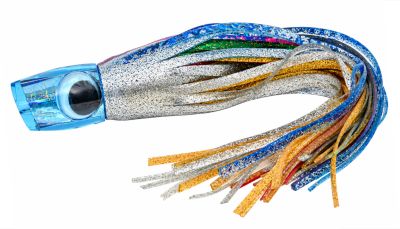 Joe Yee by Kegz Apollo Lure - Pre-Skirt #1 - Blue tint angle-face trolling lure with reflective tape insert, and shaky black eyes. Includes blue, pink, silver, green, and gold Evil pattern rubber skirts attached.