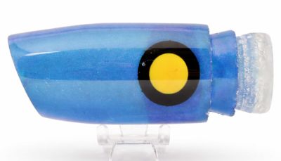Joe Yee by Kegz Medium Plunger - #3 - Blue tint trolling lure with an angled-cut face, and a yellow and black eye.