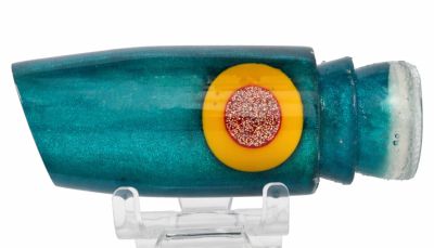 Joe Yee by Kegz Medium Plunger - #5 - Pearl blue tint trolling lure with an angled-cut face, and yellow and red glitter eyes.
