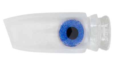 White hard resin lure body with tapered cylindrical shape, slant face, blue glitter ring eye with black pupil, and two lure steps at the end.