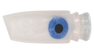 White with a hint of red hard resin lure body with tapered cylindrical shape, slant face, blue glitter ring eye with black pupil, and two lure steps at the end.