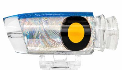 Joe Yee by Kegz Super Plunger - #26 - Clear angled-face trolling lure with a reflective tape insert, and black and yellow eyes.