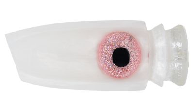 White hard resin lure body with tapered cylindrical shape, slant face, pink glitter ring eye with black pupil, and two lure steps at the end.