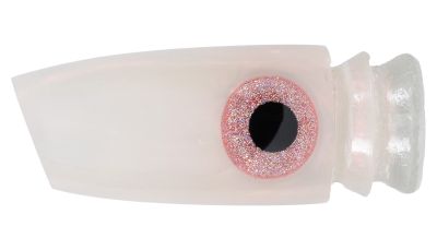 White with a hint of pink hard resin lure body with tapered cylindrical shape, slant face, pink glitter ring eye with black pupil, and two lure steps at the end.