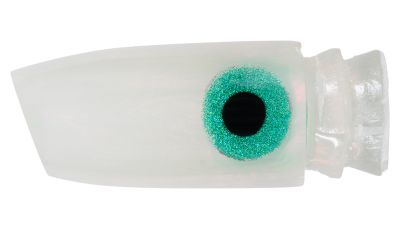 White with a hint of pink hard resin lure body with tapered cylindrical shape, slant face, light bluish green glitter ring eye with black pupil, and two lure steps at the end.