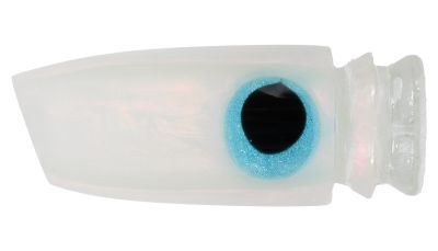 White with a hint of pink hard resin lure body with tapered cylindrical shape and slant face, light blue glitter ring eye with black pupil, and two lure steps at the end.