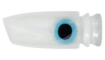 White hard resin lure body with tapered cylindrical shape and slant face, light blue glitter ring eye with black pupil, and two clear lure steps at the end.