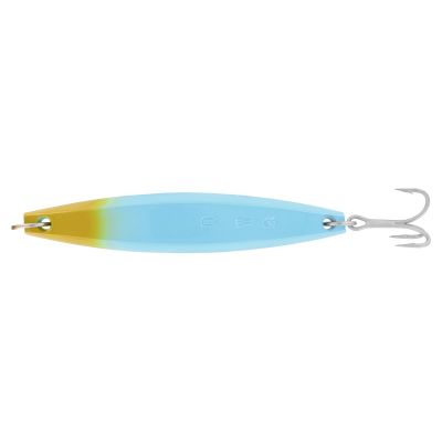 JRI Custom Lures DW-3 Surface Iron Jig shown in top view with a long, slender metal body in a mint blue finish that fades to a gold tip, with metal rings on both ends and a silver treble hook attached at the rear.