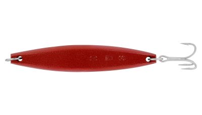 JRI Custom Lures DW-3 Surface Iron Jig - Red Crab with a tapered solid red body, a metal split ring on the front, and a silver-colored treble hook attached at the rear.