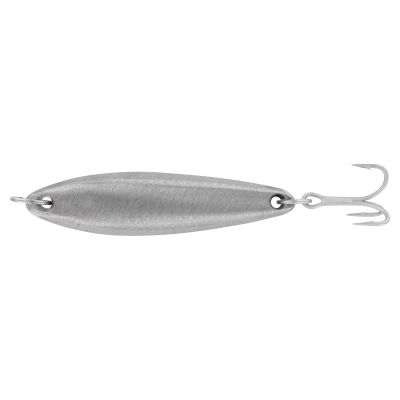 JRI Custom Lures ST-6J Yo-Yo Iron Jig - Bare Blank, an unpainted spoon-style fishing jig with a brushed silver-colored metal finish, split rings on both ends, and a treble hook attached to one end.