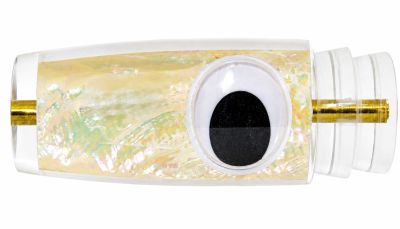 Koya Hard Head XL Lure - #2 - Clear flat-face trolling lure with white shell insert, and shaky black eyes.