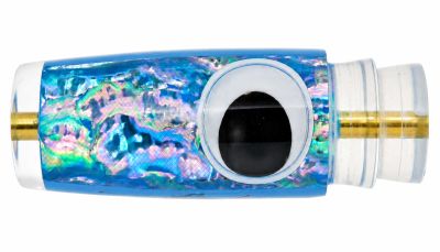 Koya Large Hard Head - #3 - Clear flat-face trolling lure with blue shell insert, and shaky black eyes.