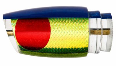 Koya Large Poi Dog - #1 - Blue top angle-face trolling lure with a bright yellow fish scale pattern reflective tape insert, and large red eyes. 