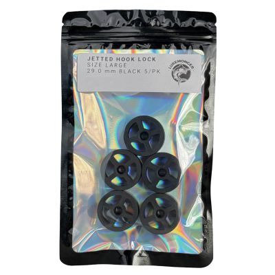 LureMonger Jetted Hook Lock shown packaged in a resealable holographic pouch with five black hook locks visible inside. The package label reads Jetted Hook Lock, Size Large, 29.0 mm, Black, 5 pack, and displays the LureMonger logo.