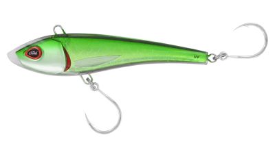 Magbay Desperado Lure in green with silver head, red gill detail, and translucent scale pattern. &ldquo;MAGBAY LURES&rdquo; branding on the eye, silver single hooks, top rigging ring, and &ldquo;UV&rdquo; text near tail.