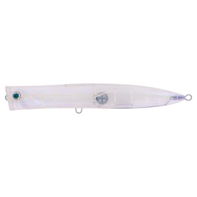 Maria Duck Dive Popper Lures, a translucent pale purple popper fishing lure with a large reflective eye, internal weight chamber, and metal attachment loops at the nose, belly, and tail.