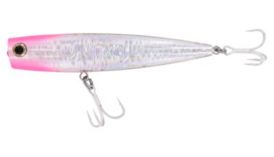 Maria Pop Queen Popper Lure - Site Pinky, topwater popper fishing lure with a translucent body, reflective silver pattern, bright pink head, large eye, and two silver-colored treble hooks.