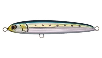 Maria Rerise Sinking Lure - Sardine - sinking lure with a dark blue back, gold-colored side band, black side dots, silver-colored belly, large eye detail, and attachment loops at the nose, belly, and tail.
