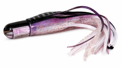 Marlin Magic Ahi Pussy Bullet Jet - Standard - Pre-Skirt #5 - Black top bullet shaped trolling lure with a light purple shell insert. Includes black, grey, clear, and pearl purple rubber skirts attached.