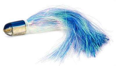 Marlin Magic Ahi Pussy Bullet Jet - Standard - Pre-Skirt #6 - Flashabou - Blue top bullet shaped trolling lure with a white shell insert. Includes blue and white pearl mylar flash skirting material attached.
