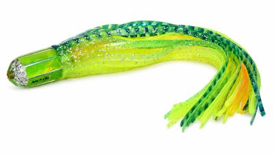 Marlin Magic Ahi Pussy Bullet - Pre-Skirt #3 - Clear bullet shaped trolling lure with a light lime green shell insert. Includes blue, green, and yellow rubber skirts attached.