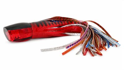 Marlin Magic Baby Ruckus - Pre-Skirt #13 - Black top angle-face trolling lure with red tint, shell insert, and red eyes. Includes black, red, gold, silver, blue, and pink rubber skirts attached.
