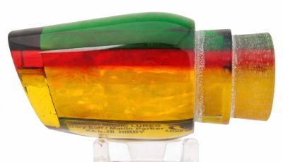 Marlin Magic Hibby Lure - #12 - Green top rasta colored trolling lure with red stripes, yellow tint at the bottom half, and a shell insert.