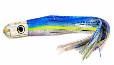 Marlin Magic Jumbo Ahi Pussy Bullet Jetted Lure - Pre-Skirt #4 - Clear bullet shaped trolling lure with white shell insert, jetted nose, and black taxidermy eyes. Includes blue, silver, yellow, and pink rubber skirts attached. 
