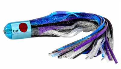 Marlin Magic Jumbo Ahi Pussy Bullet Jetted Lure - Pre-Skirt #5 – Aqua blue tint bullet shaped trolling lure with white shell insert, and red eyes. Includes black, blue, purple, and silver rubber skirts attached.